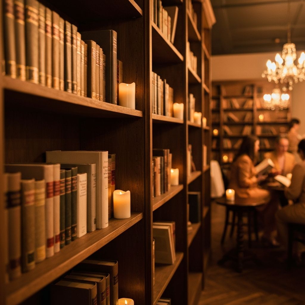 A warm literary event setting with vintage books and golden lighting