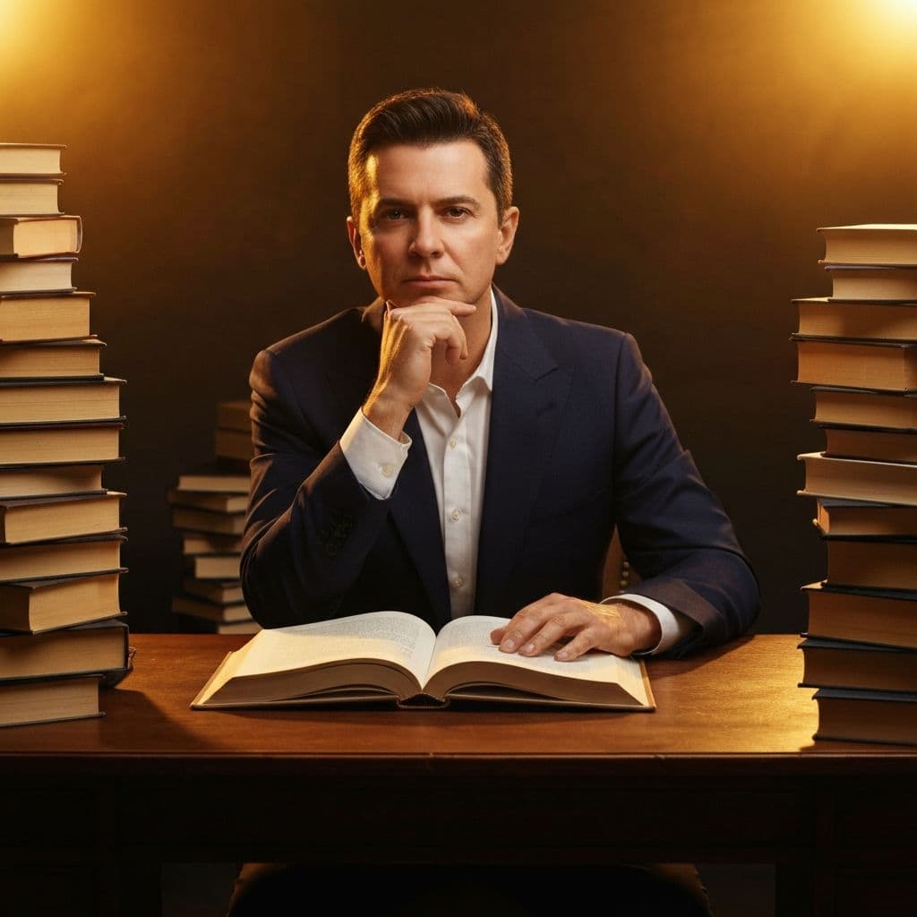 An author at a beautifully lit writing desk surrounded by books